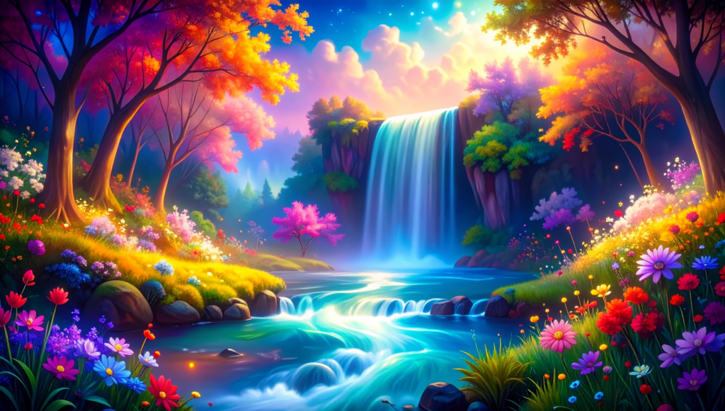 Een bloemrijke omgeving met een waterval die uitmondt in een snelstromende rivier. Surrealistische bomen. in oranje en roze