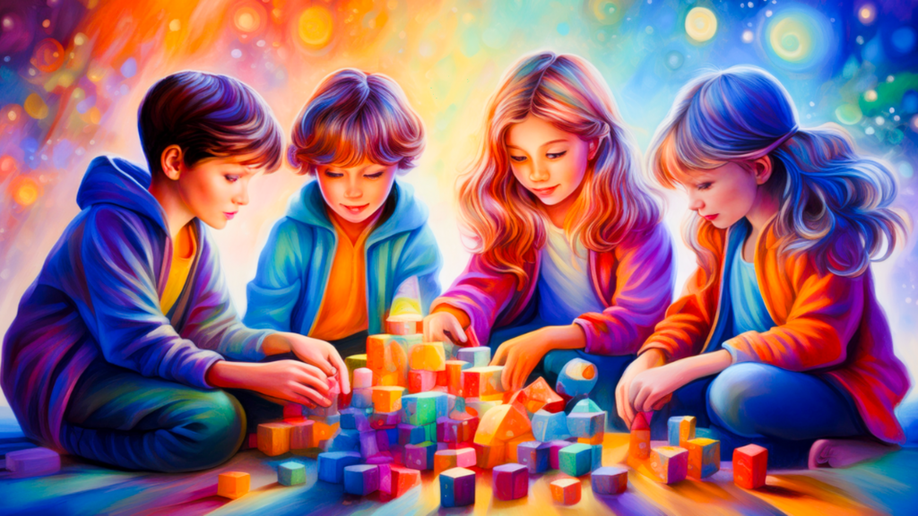 Een groepje kinderen zit op de grond en bouwen samen met een hoop gekleurde bouwblokken.