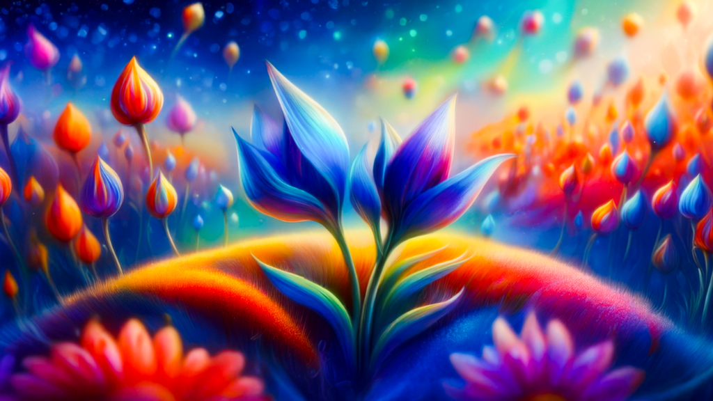Een veld vol bloemen en in het midden komen paars-blauwe bloemknoppen boven de grond omhoog