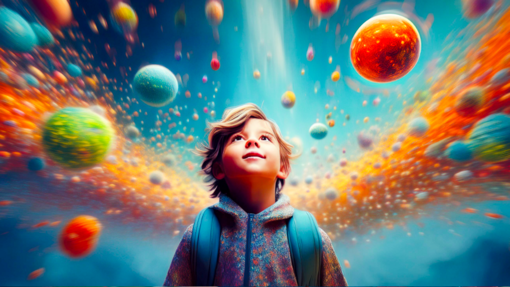 Een kleine blonde jongen kijkt omhoog naar de kosmos met gekleurde bollen-planeten en een grote oranje straal.