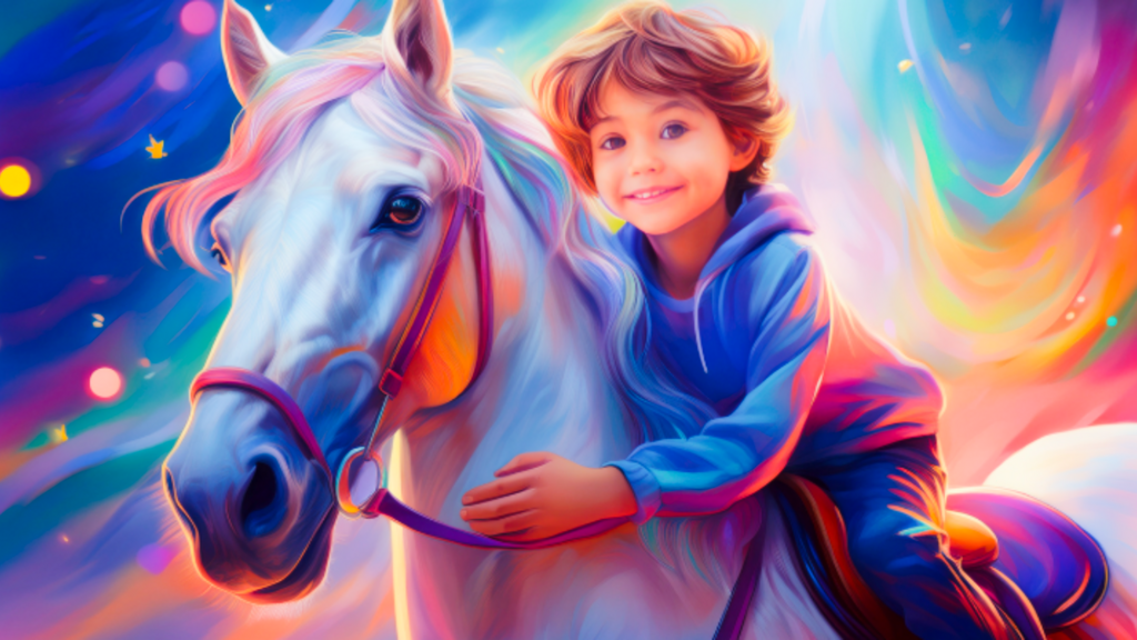 Een wit paard met op zijn rug een jongen van 10 jaar met een big smile.