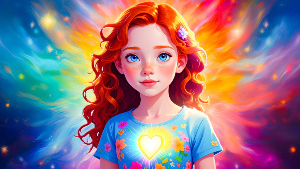 Een meisje met rood krullend haar, grote blauwe ogen, een lichtgevend hartje op haar t-shirt en een uitstraling in allerlei kleuren rondom haar hoofd. en lichaam