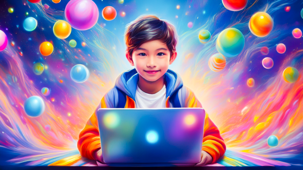 Een donkerharige jongen zit blij achter zijn laptop. Om hem heen ene kleurrijke lucht met gekleurde boleltjes.
