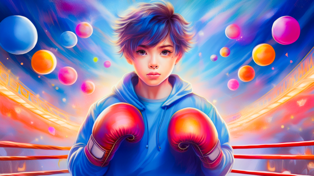 Een Japanse jongen staat met boxhandschoenen in een boxring. Hij kijkt boos. In de lucht gekleurde bollen.