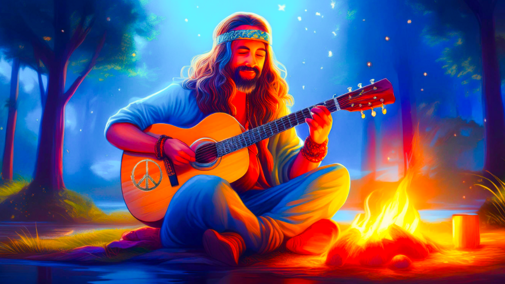 Een man met lang haar, snor en baard en een bandje om zijn hoofd, zit op de grond gitaar te spelen bij een kampvuur