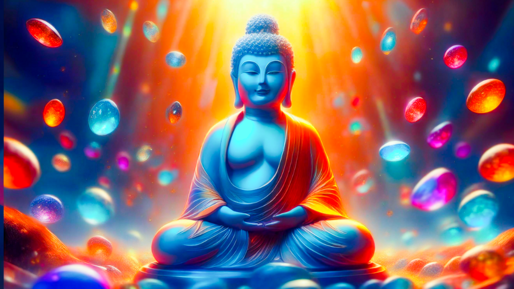 Een blauw boeddhabeeld, met oranje stralen van boven en zwevende edelstenen tondom het beeld.