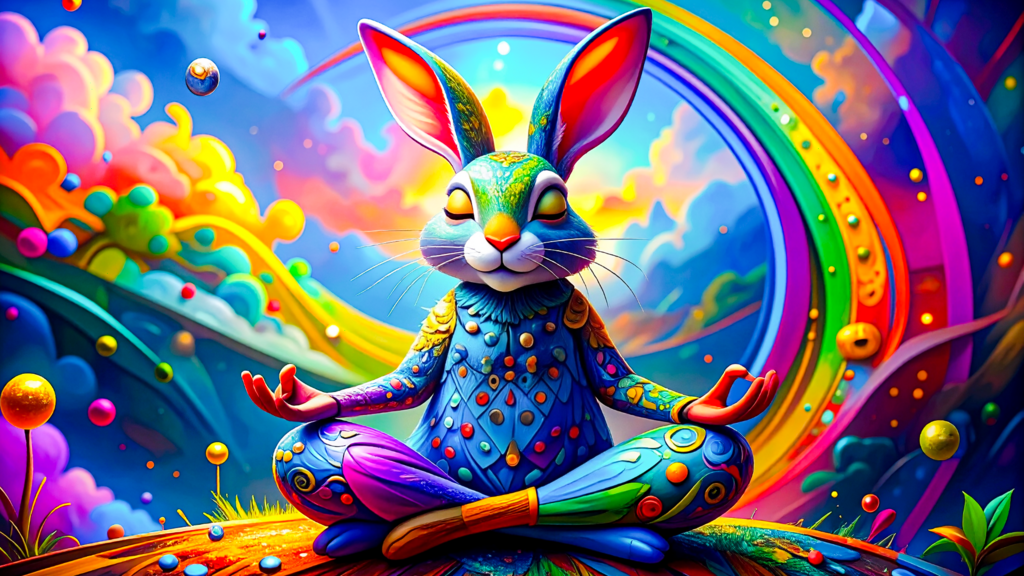 een haas zit rechtop te mediteren in lotushouding. Op zijn lichaam gekleurde vormen en op de achtergrond een regenboog en een fantasienatuur in allerlei felle kleuen.