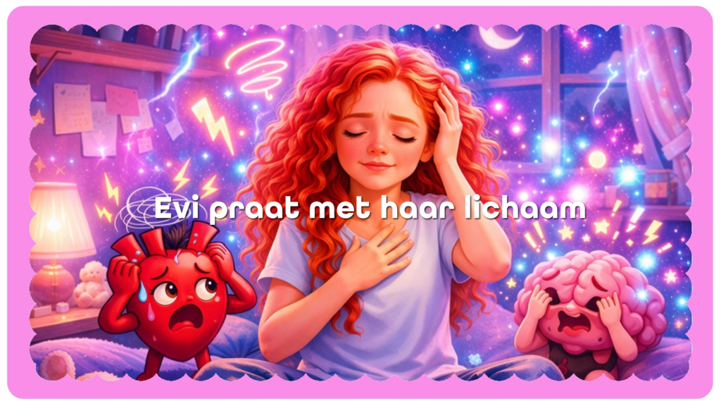 Een meisje met rood haar zit op haar bed met een hand tegen het hoofd en een hand op haar hart. Naast haast een getekend hart met ogen en hersenen met armpjes
