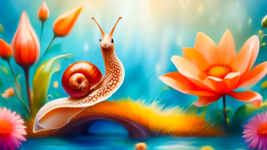Een slak met een huisje is een sprookjesachtige omgeving met oranje bloemen