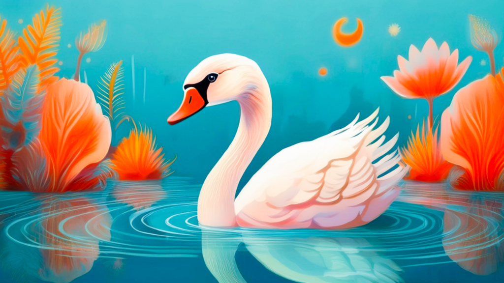 Een witte zwaan die over het water flijdt in een sprookjesachtige achtergrond van oranje bloemen